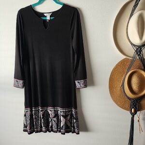 Black Long Sleeve Dress with Patterned Hem
